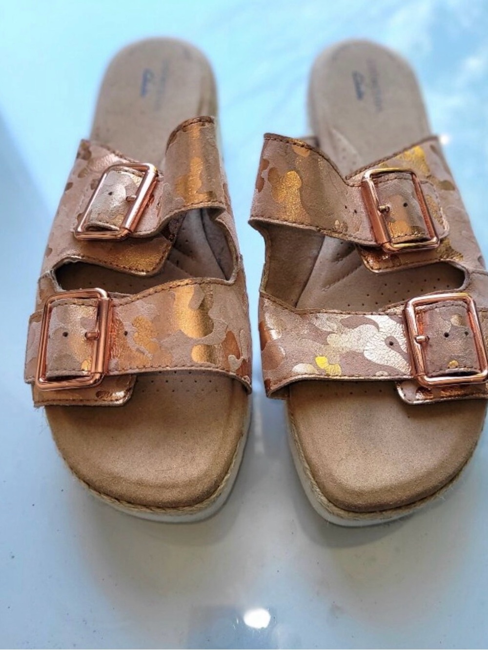 Clarks Women's Lana Beach Rose Gold Wedge Platform Sandals Size 8.5